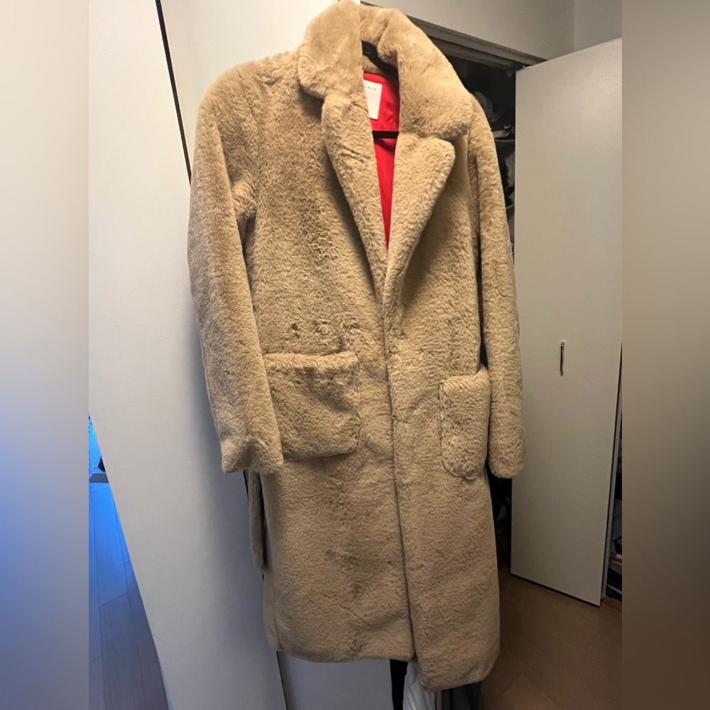 SANDRO LONG FAUX FUR COAT SIZE 36 (small)